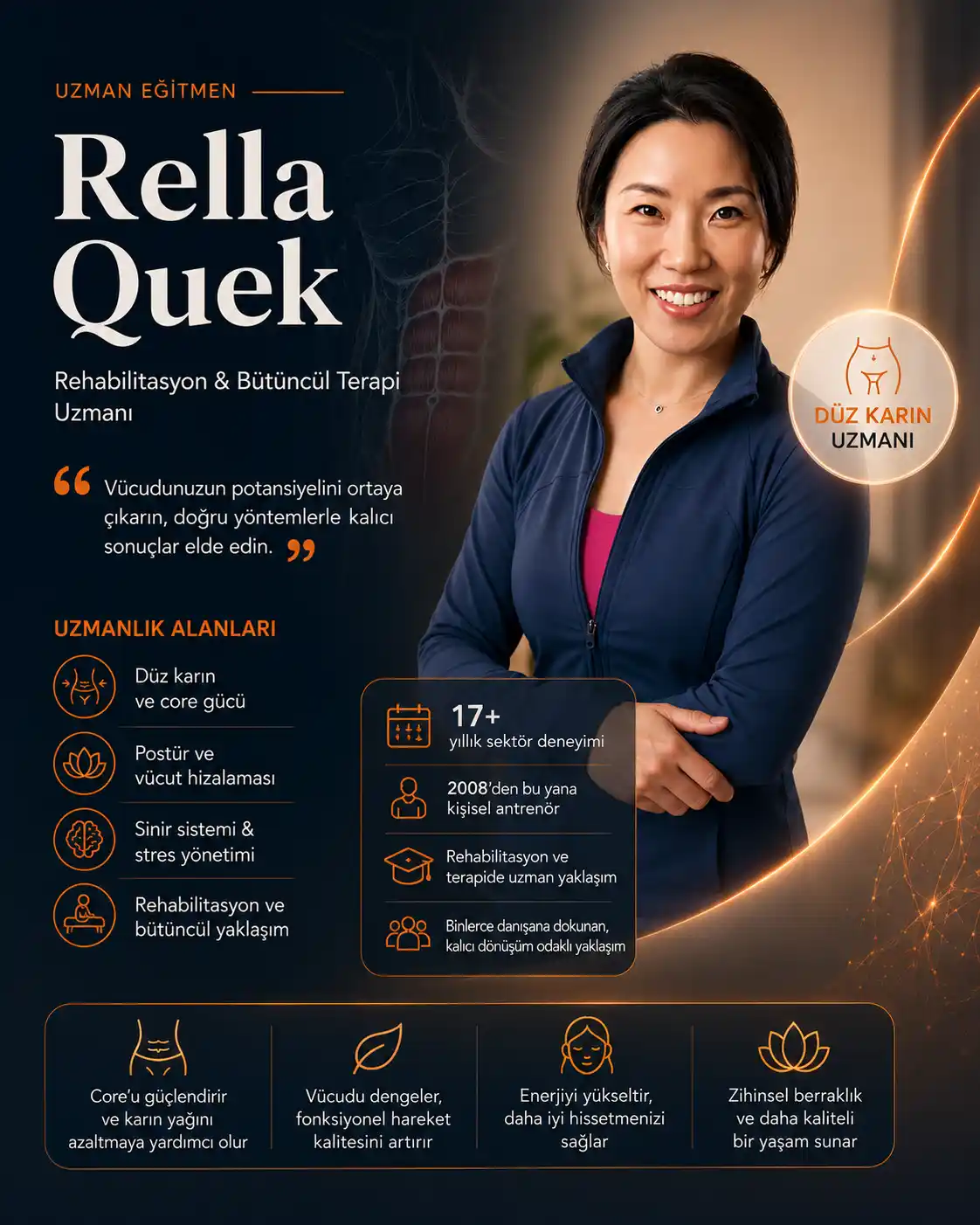 Rella Quek — Düz Karın Uzmanı, Rehabilitasyon ve Bütüncül Terapi Uzmanı, 17+ yıl deneyim