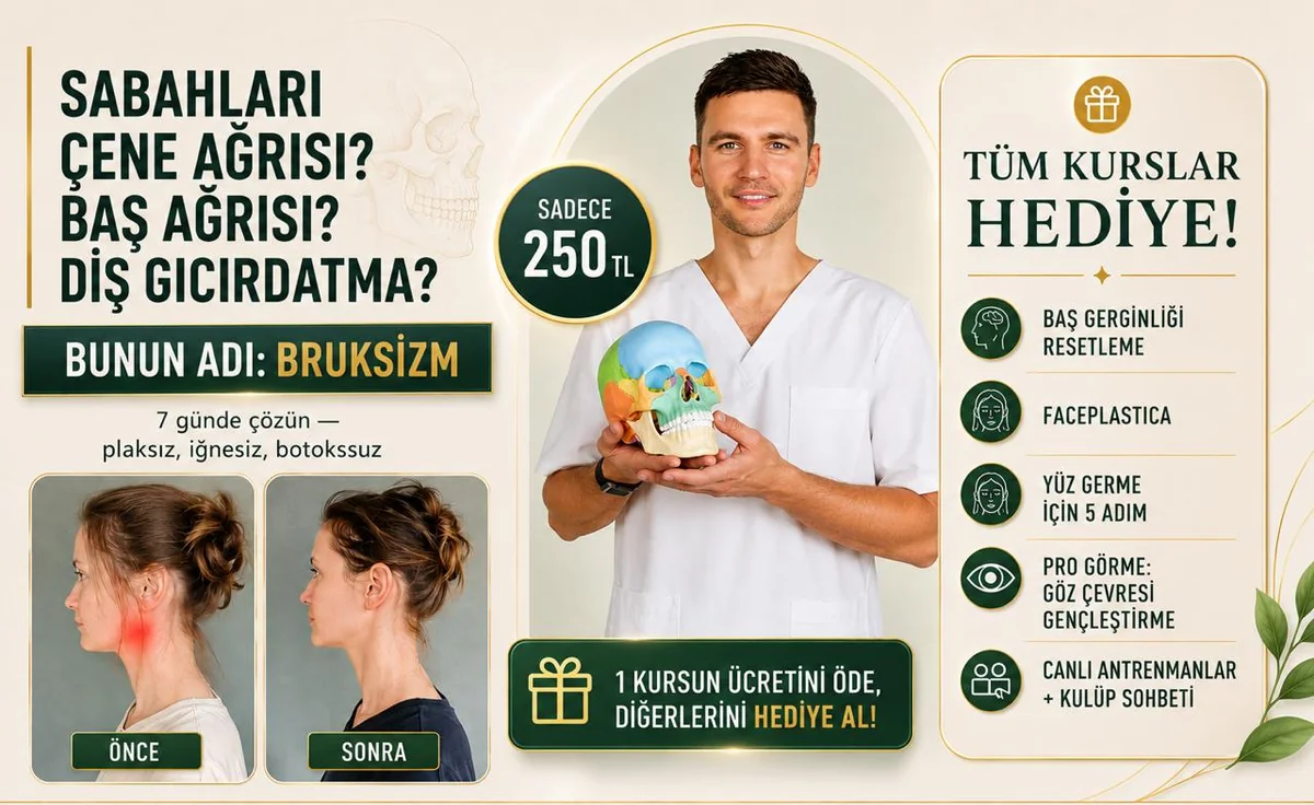 Sabahları çene ağrısı, baş ağrısı, diş gıcırdatma — bunun adı bruksizm. 7 günde çözün. Dr. Ales, sadece 250 TL, tüm kurslar hediye.