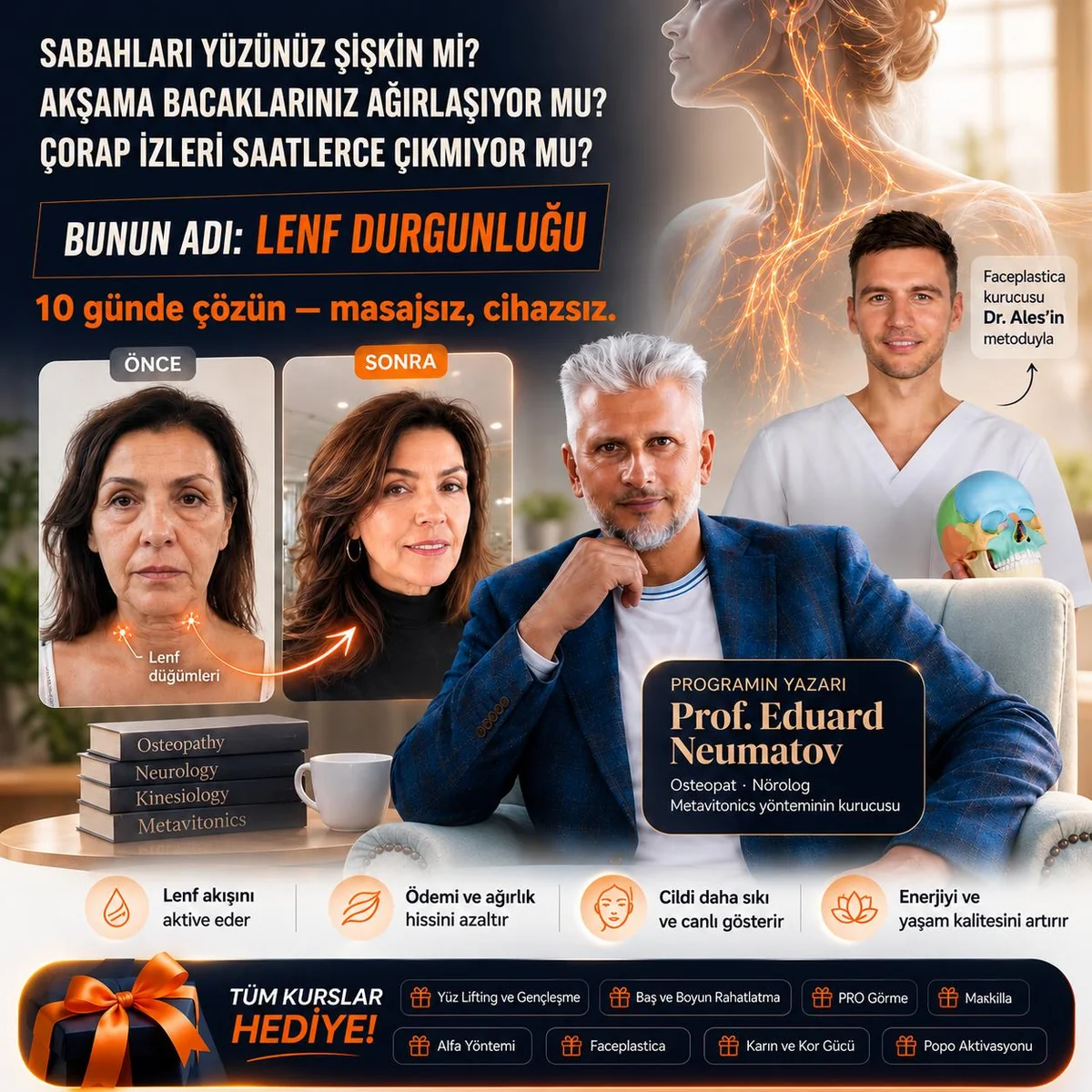 Sabahları yüzünüz şişkin mi? Bunun adı lenf durgunluğu. 10 günde çözün. Prof. Eduard Neumatov, sadece 250 TL, tüm kurslar hediye.
