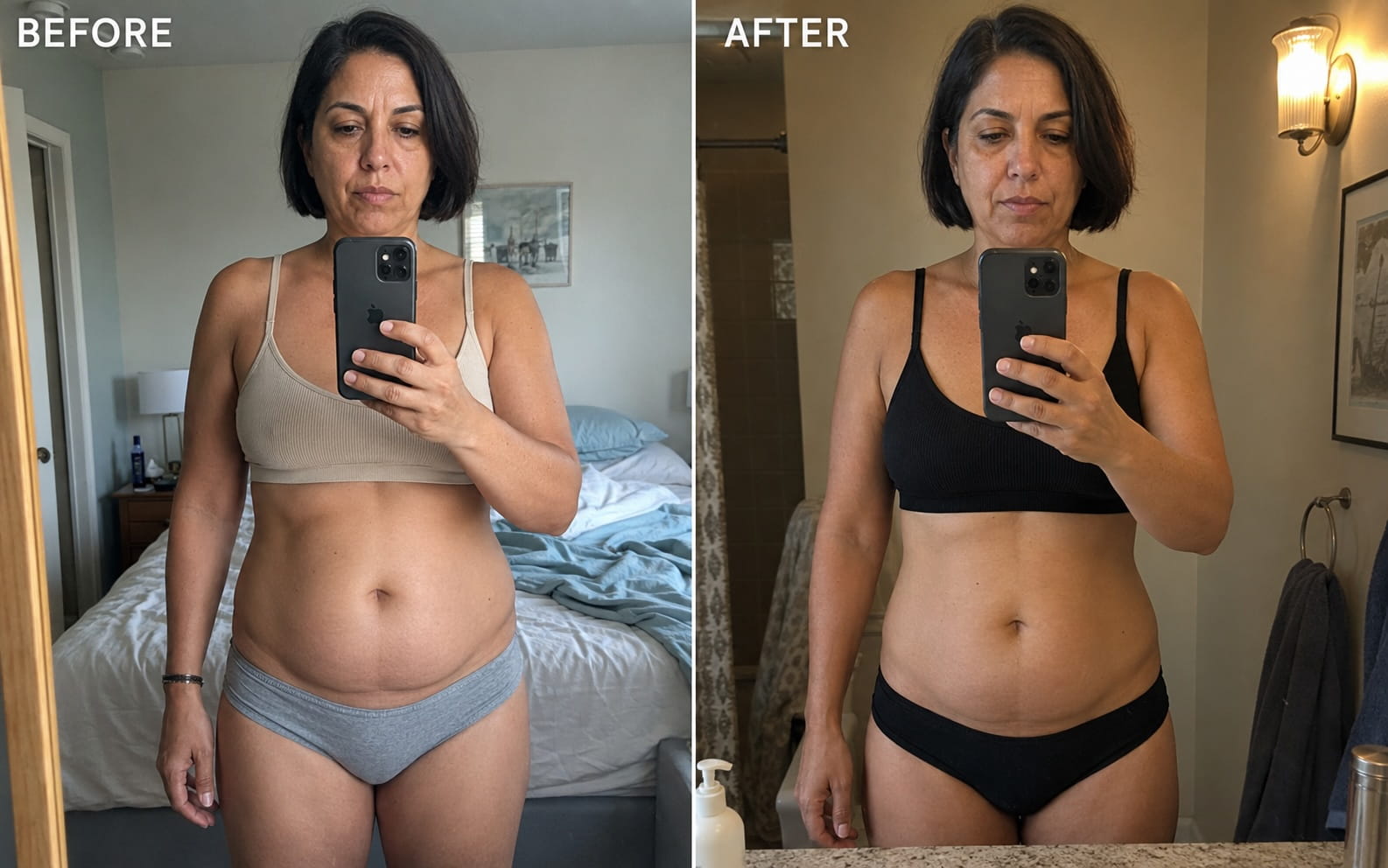 Before and after — lower-belly pooch reduced