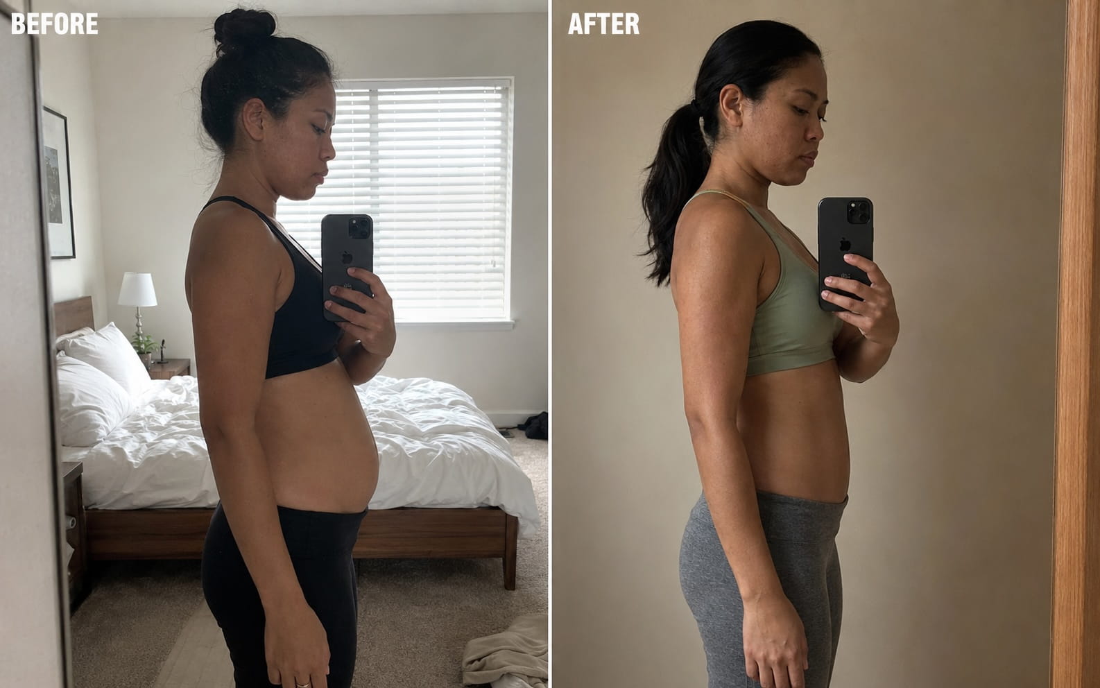 Before and after — levelled pelvis, belly sits back flat