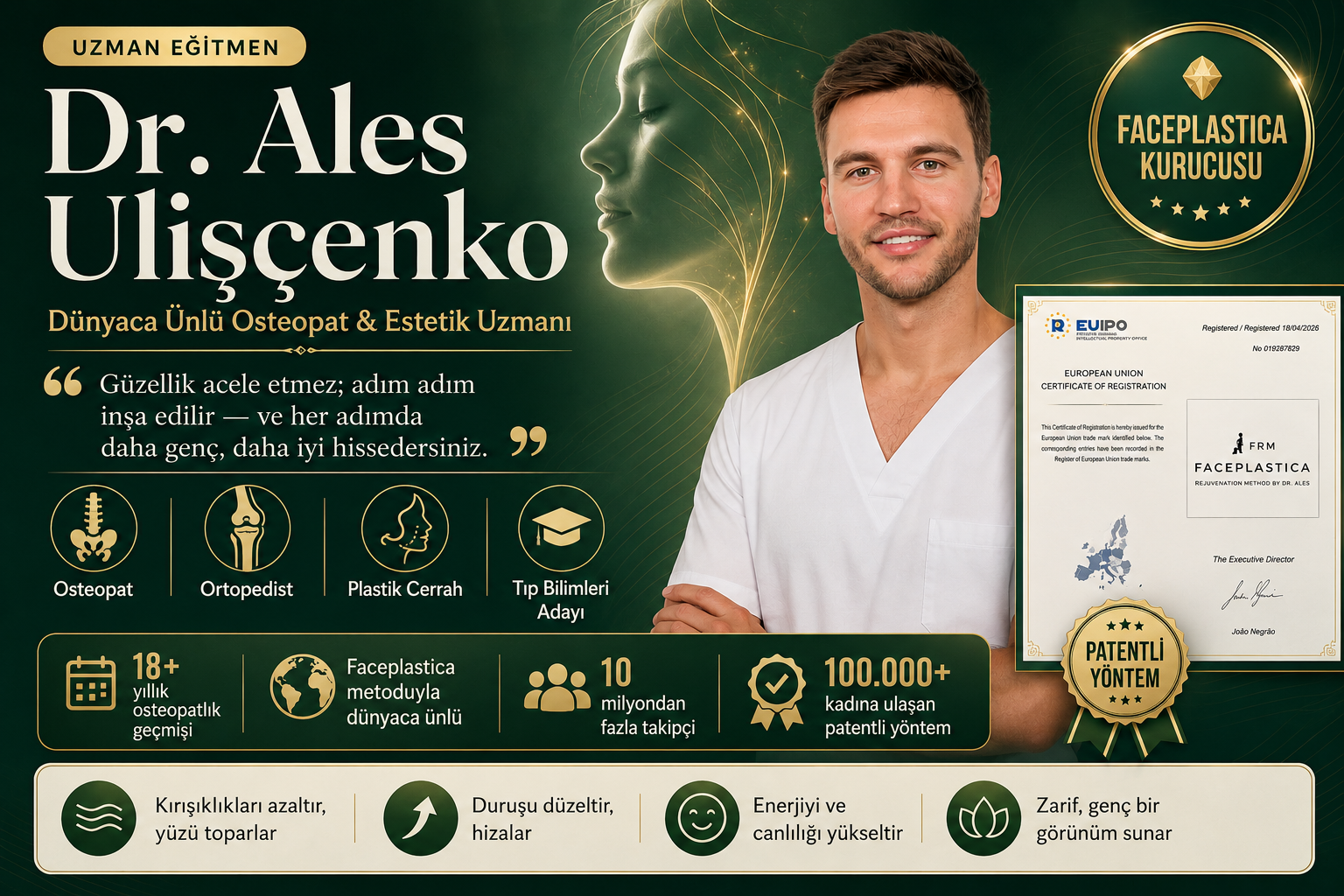Dr. Ales Ulişçenko — İntegratif & anti-aging tıp doktoru, osteopat, cerrah; Faceplastica yönteminin kurucusu. 8 dilde 10 milyon+ takipçi, dünya çapında 100.000+ öğrenci.