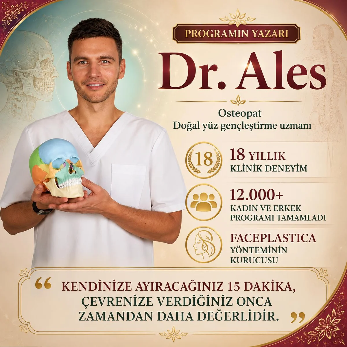Dr. Ales — osteopat, 18 yıllık klinik deneyim, 12.000+ katılımcı, Faceplastica yönteminin kurucusu