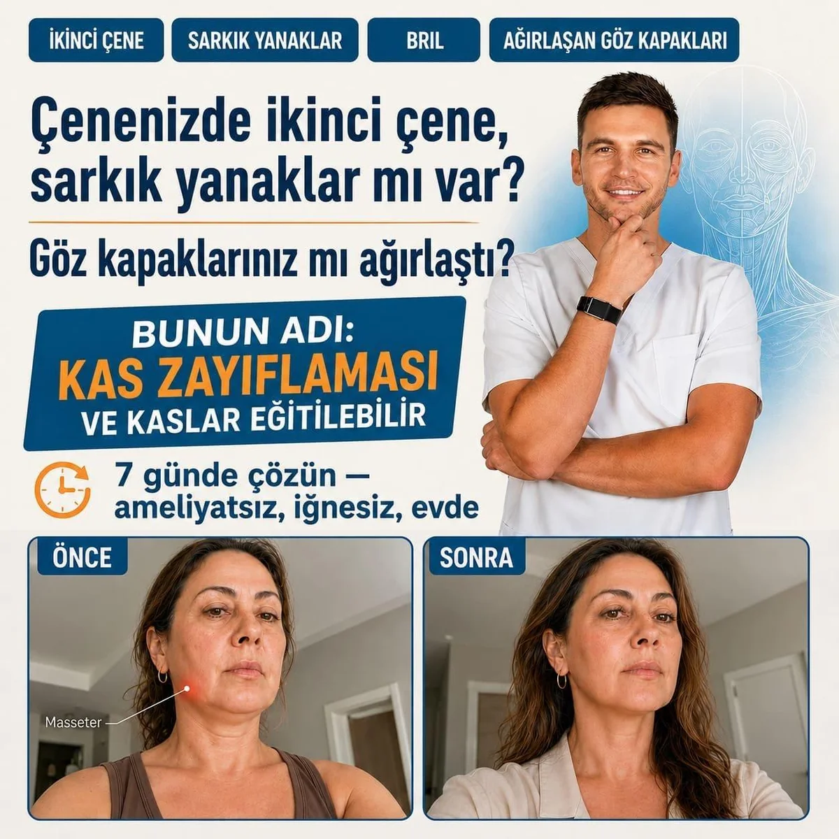 İkinci çene, sarkık yanaklar, brıl, ağırlaşan göz kapakları — bunun adı kas zayıflaması. 7 günde çözün. Dr. Ales, sadece 250 TL, tüm kurslar hediye.