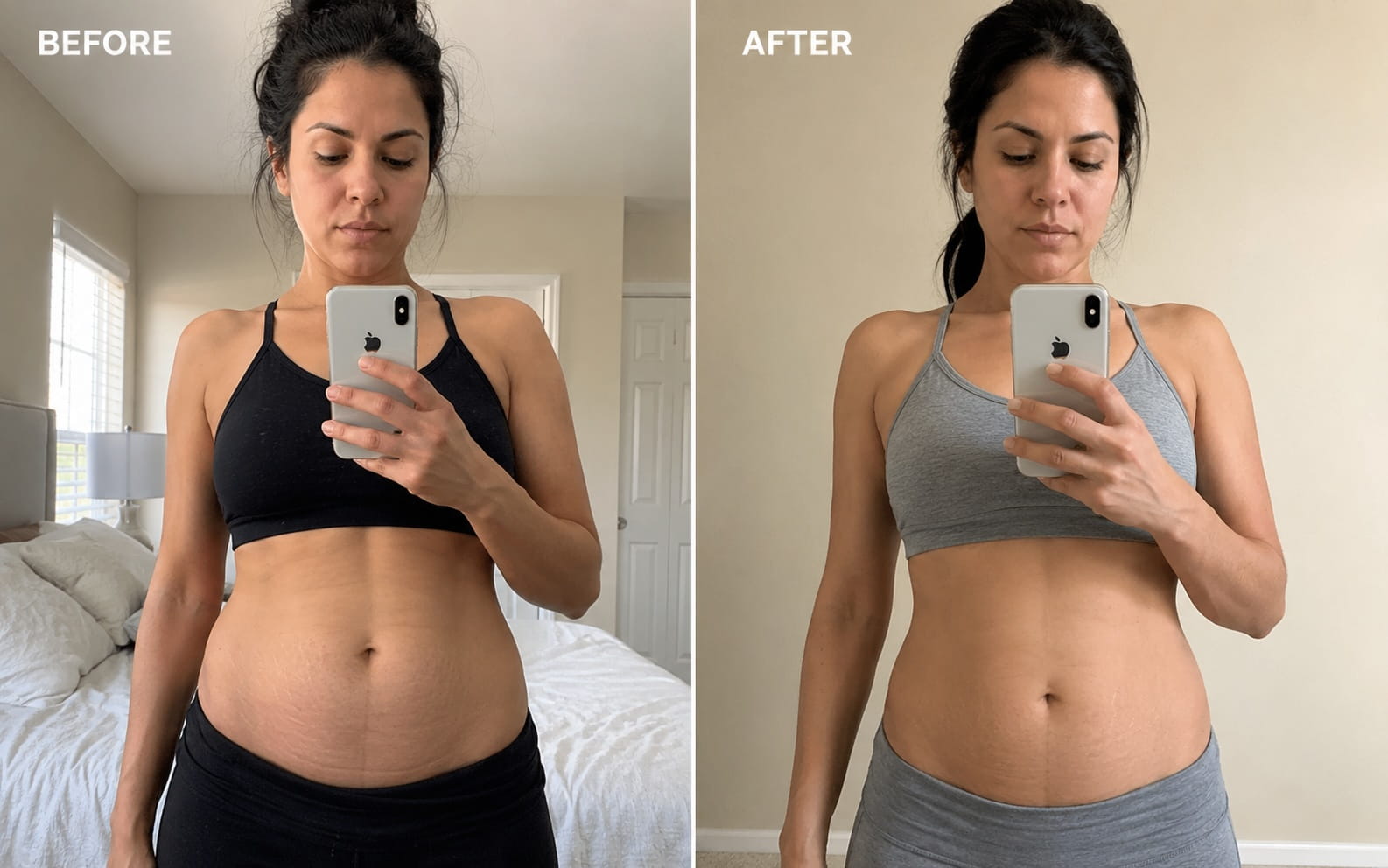 Before and after — post-baby belly drawn in