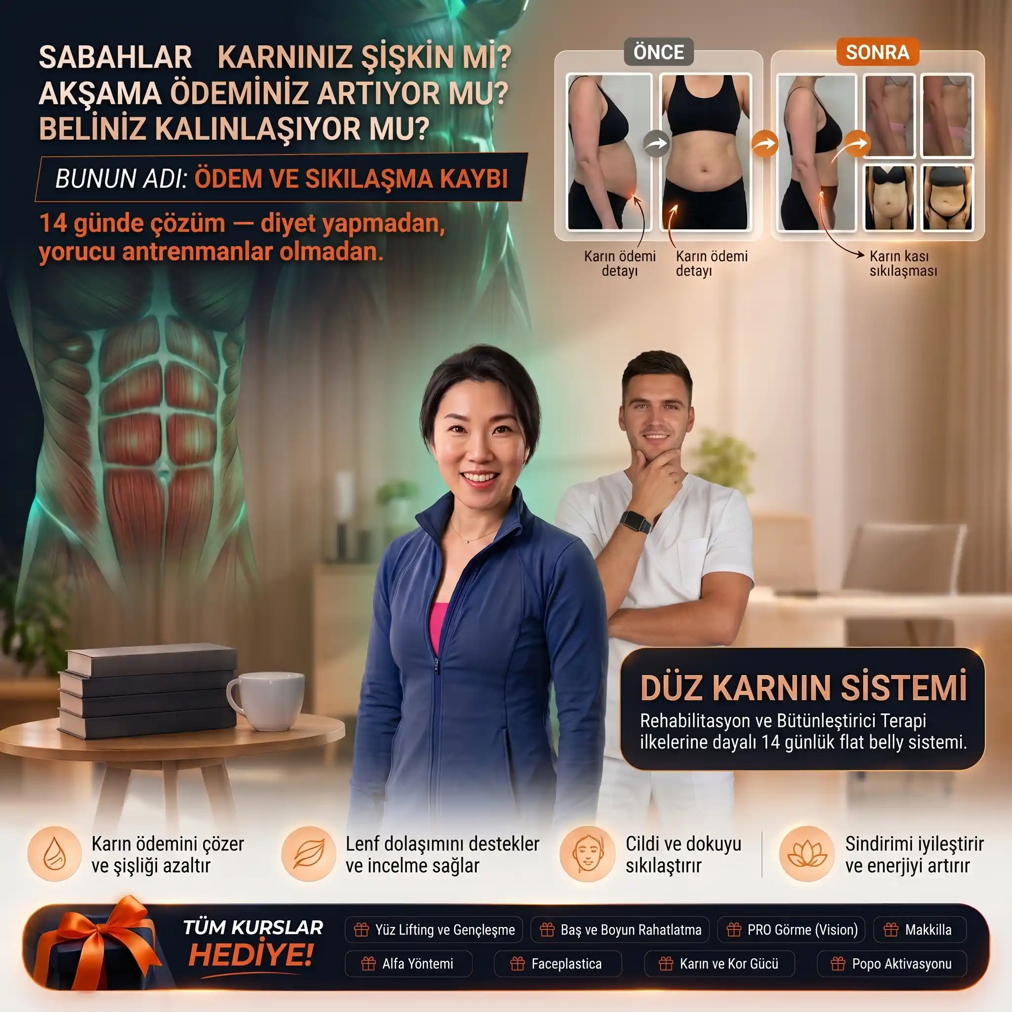 14 günde, diyet ve ağır antrenman olmadan düz karın. Rella Quek ile Düz Karın Sistemi — sadece 250 TL, tüm kurslar hediye.