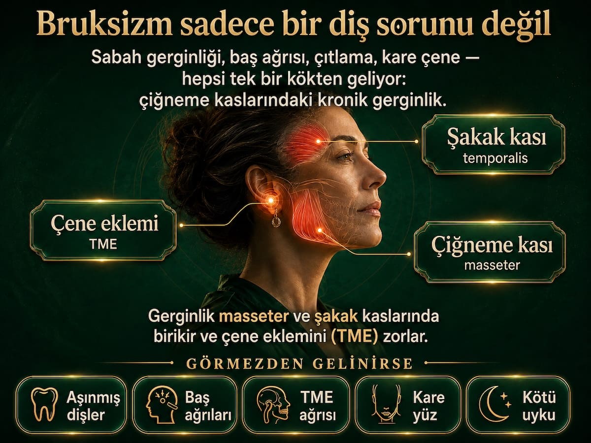 Bruksizm sadece bir diş sorunu değil — çiğneme kasları, çene eklemi ve gerginlik