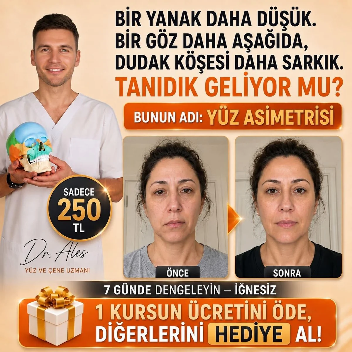 Bir yanak daha düşük, bir göz daha aşağıda, dudak köşesi daha sarkık — bunun adı yüz asimetrisi. 7 günde dengeleyin. Dr. Ales, sadece 250 TL, tüm kurslar hediye.