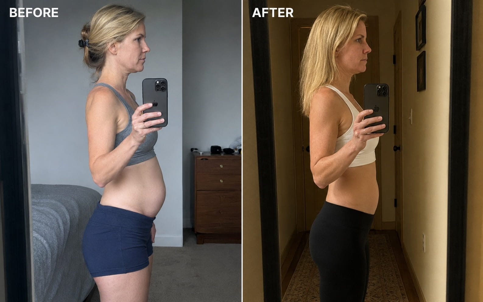 Before and after — calm, flat belly, no after-meal bloat